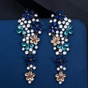 Dazzling Flower AAA+ CZ Paved Black Gold Long Drop Champagne Blue Earrings