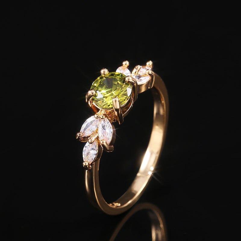 Delicate Olive Green Round AAA+ Cubic Zirconia Diamonds with Leave Shape Elegant Gold Color Ring - The Jewellery Supermarket
