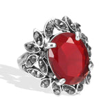 Fashion Crystal Flowers Ethnic Tibetan Silver Red Stone Ring For Women