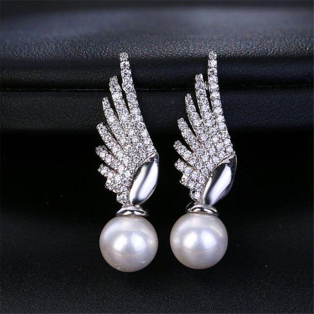 Fashion Luxury Pearl Elegant Angle Wing AAA+ Cubic Zirconia Diamonds Earrings - The Jewellery Supermarket