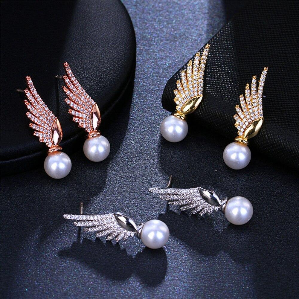 Fashion Luxury Pearl Elegant Angle Wing AAA+ Cubic Zirconia Diamonds Earrings - The Jewellery Supermarket
