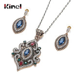 Gold Blue Stone Crystal Ethnic Necklace Drop Earring For Women - The Jewellery Supermarket