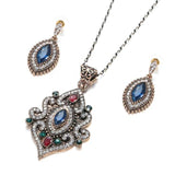 Gold Blue Stone Crystal Ethnic Necklace Drop Earring For Women
