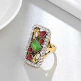 Green Big Vintage Antique Gold Color Mosaic White Crystal Fashion Ring