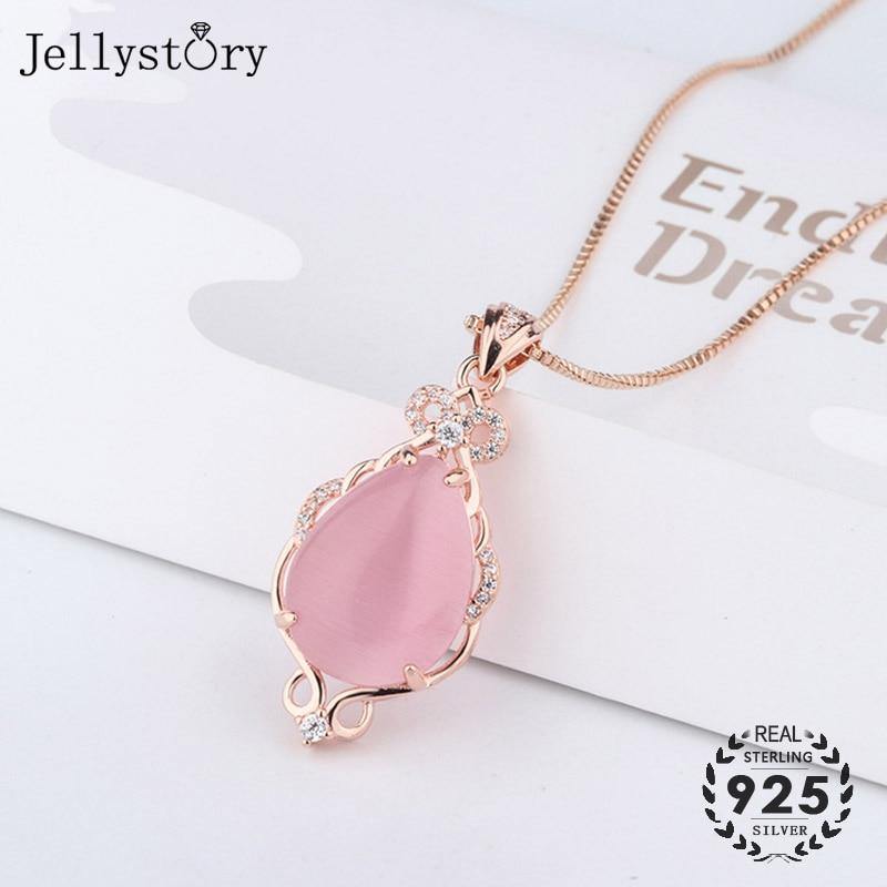 Lovely Silver 925 Jewellery Necklace with Water drop shape Pink rose quartz gemstones - The Jewellery Supermarket