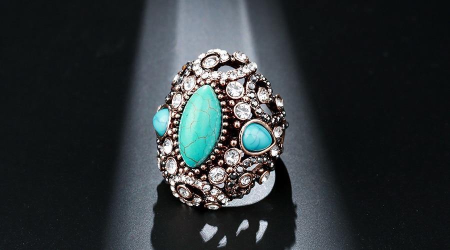 Luxury Big Antique Fashion Gold Colour Blue Stone Vintage Crystal Ring - The Jewellery Supermarket