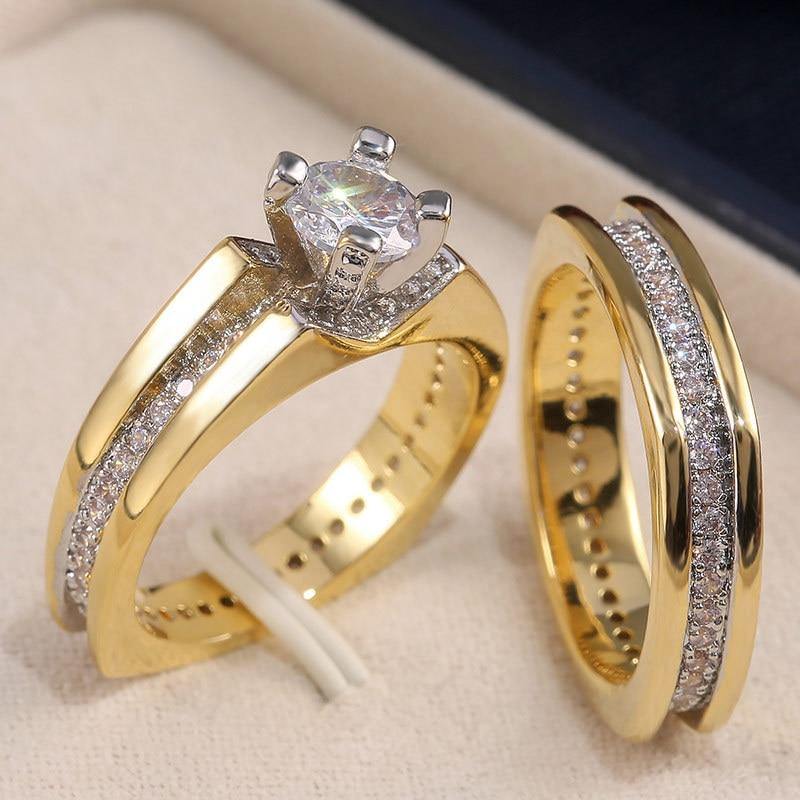Luxury Gold Color Geometric Shape Micro Pave AAA+ Cubic Zirconia Diamonds 2Pcs Bridal Set Ring - The Jewellery Supermarket