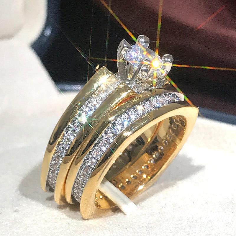 Luxury Gold Color Geometric Shape Micro Pave AAA+ Cubic Zirconia Diamonds 2Pcs Bridal Set Ring - The Jewellery Supermarket