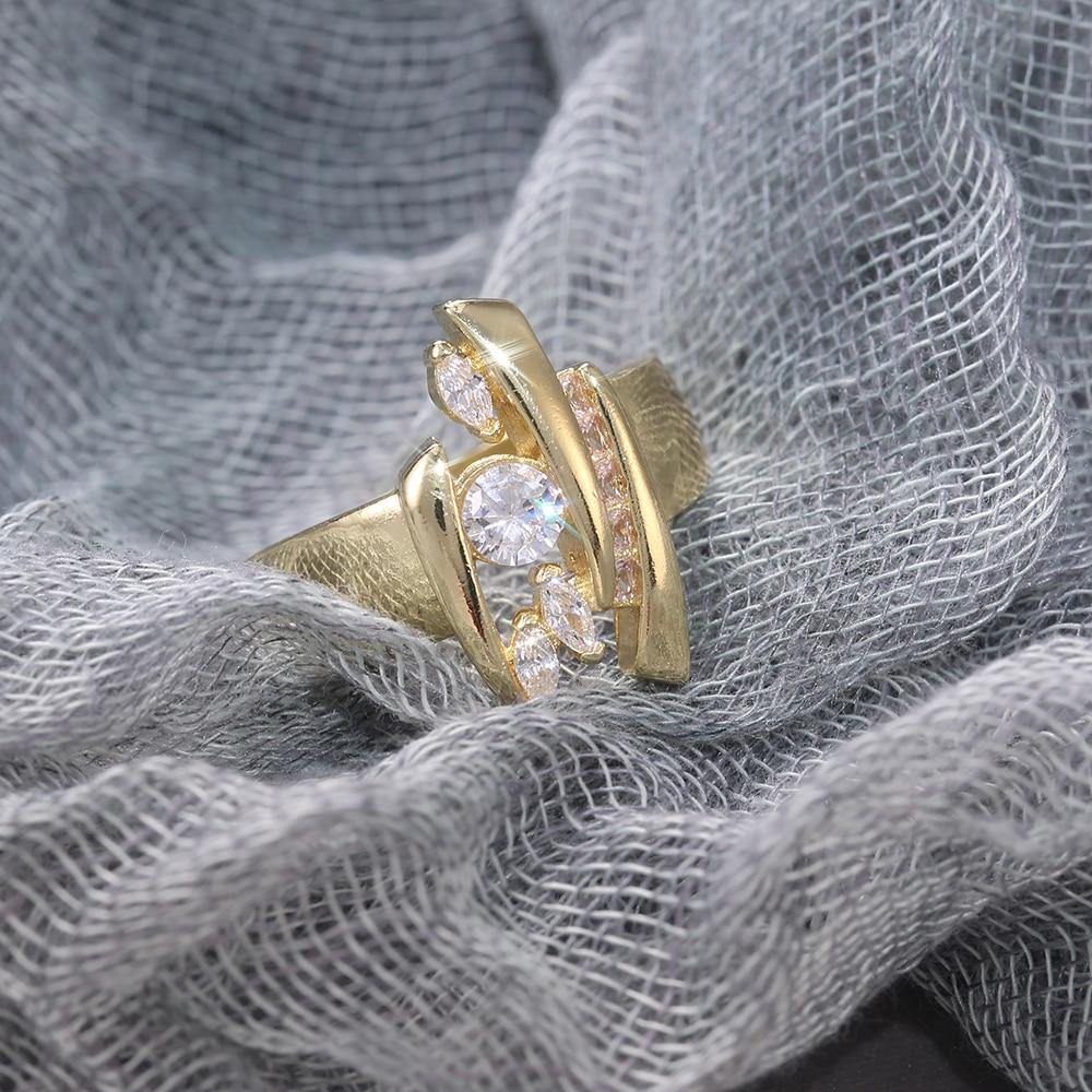 Luxury Gold Colour Geometric Shape Dazzling AAA+ Cubic Zirconia Diamonds Ring - The Jewellery Supermarket