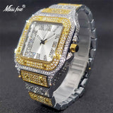 MISS FOX Square Watch Ice Out Simulated Lab Diamond Hip Hop Sunburst Dial Waterproof Quartz Watches - The Jewellery Supermarket