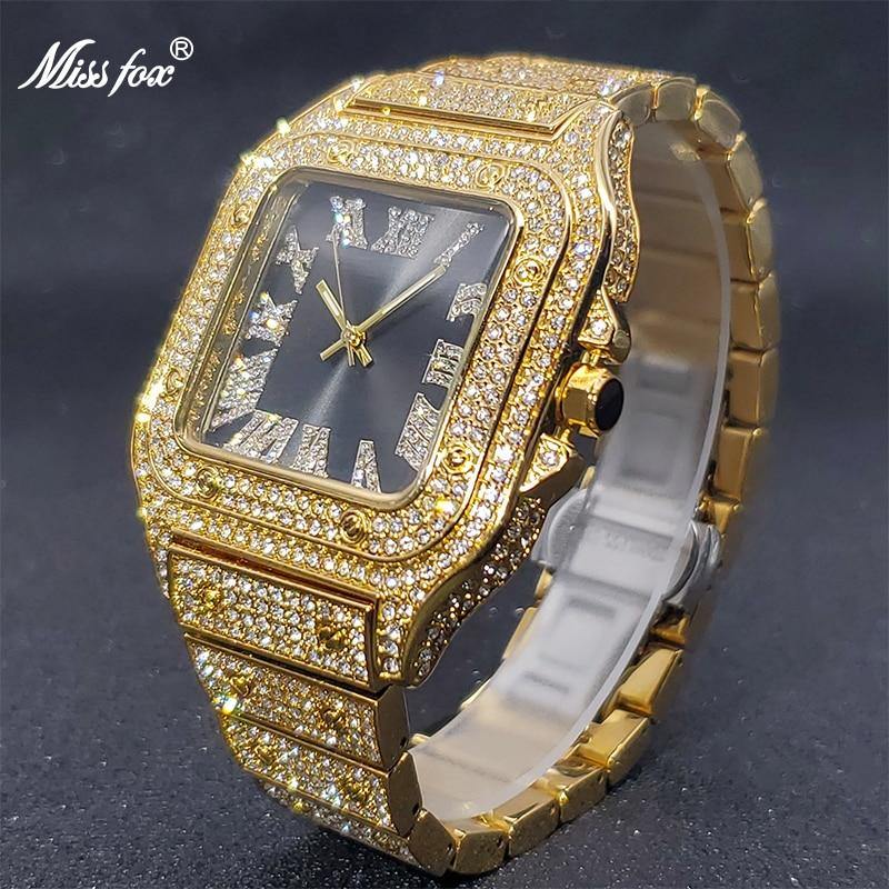 MISS FOX Square Watch Ice Out Simulated Lab Diamond Hip Hop Sunburst Dial Waterproof Quartz Watches - The Jewellery Supermarket
