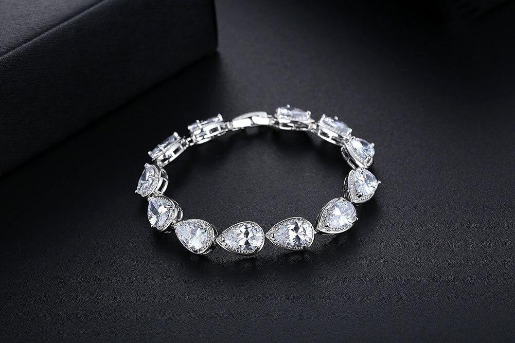 New Luxury AAA+ CZ Diamonds 18CM Angel Tears Pear Silver Bracelet Bangle - The Jewellery Supermarket