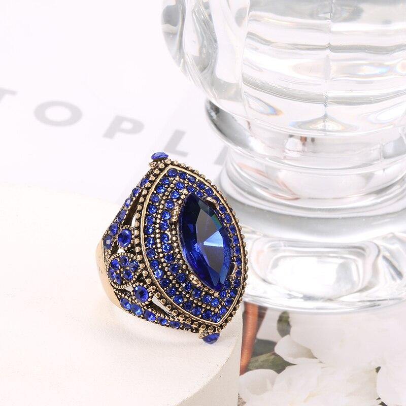 New Luxury Antique Vintage Look AAA Blue CZ Crystal Boho Gold Color Charming Ring - The Jewellery Supermarket