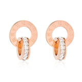 New Shiny AAA+ CZ Diamonds Roman Numerals Double Circle Titanium Steel Rose Gold Earrings