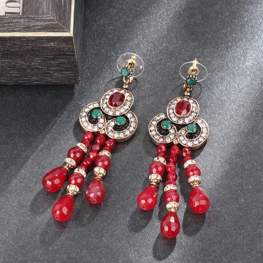 Red Natural Stone Antique Gold Black Enamel Crystal Drop Earrings - The Jewellery Supermarket