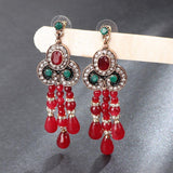 Red Natural Stone Antique Gold Black Enamel Crystal Drop Earrings - The Jewellery Supermarket