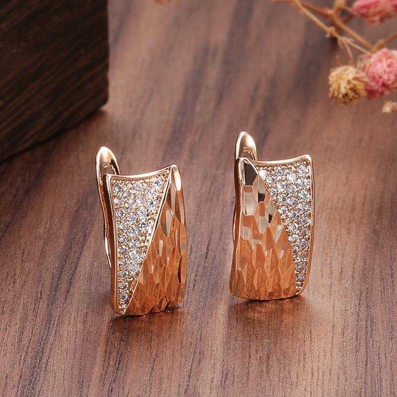 Rose Gold Colour AAA+ Zircon Diamonds Smooth Square Pattered Earrings - The Jewellery Supermarket