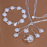 Silver Colour Flower Necklace Bracelets  Earrings Ring Fashion Jewellery Set