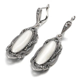 Top Quality Bohemian Black Stone Tibetan Silver Mosaic AAA Grey Crystal Oval Earrings