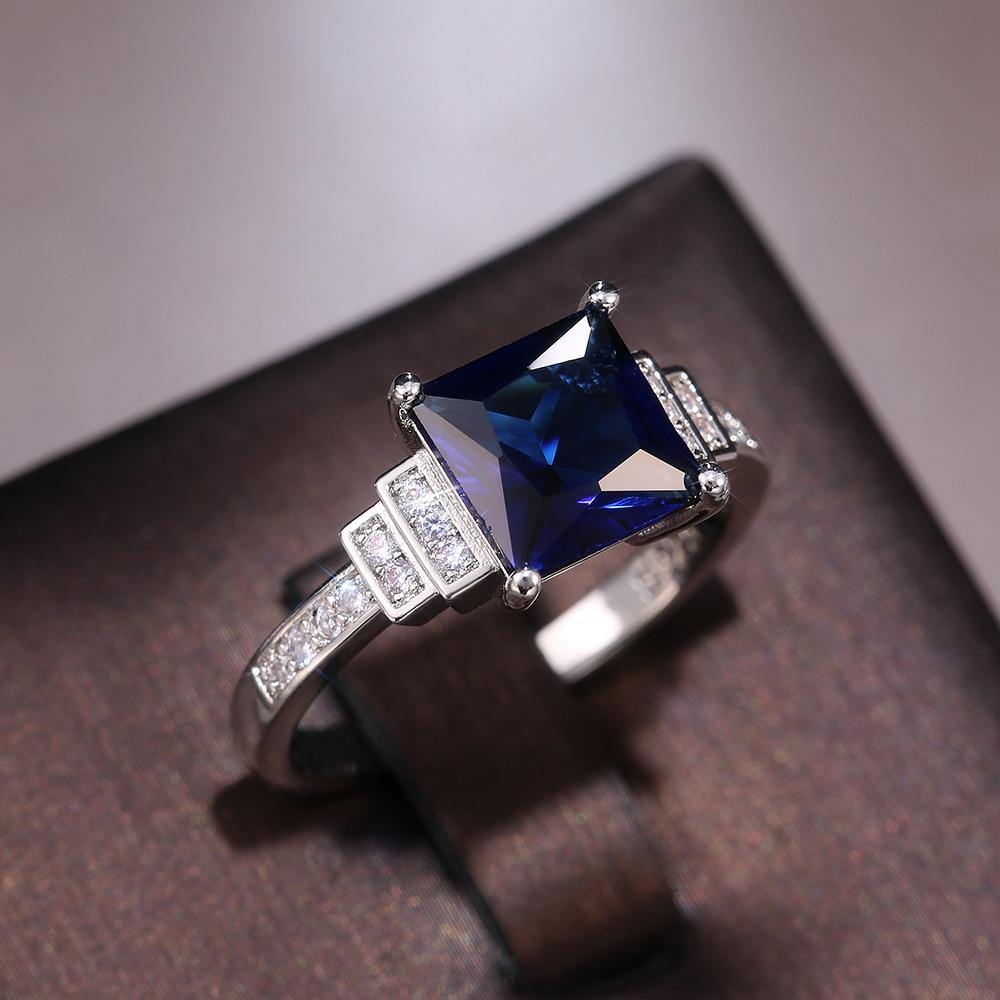 Vintage Design Gracious Luxury Inlaid AAA Zircon Blue Square Crystal Cut Four Claws Ring - The Jewellery Supermarket