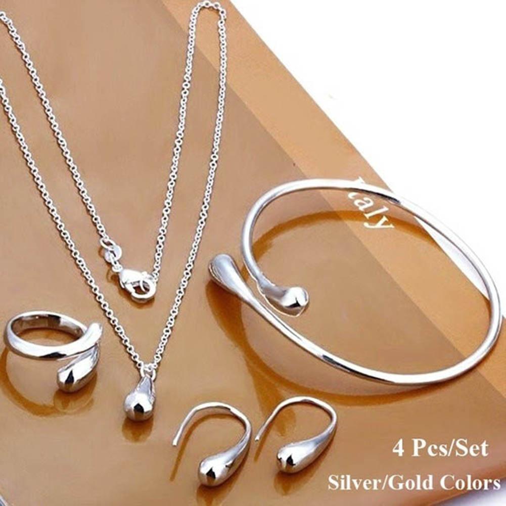 4pcs/set Stainless Steel & 18k Gold Plated Hollow Out Necklace, Earrings & Ring  Fashion Jewelry Set For Women