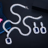 NEW ARRIVAL - Square Drop Dark Blue AAA+ Cubic Zircon Diamonds Necklace and Earrings Women -Quality Jewellery Set