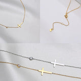 Delicate Petite Sideway Cross CZ Crystal Stainless Steel Thin Chain Link Necklace Pendants - Christian Jewellery - The Jewellery Supermarket