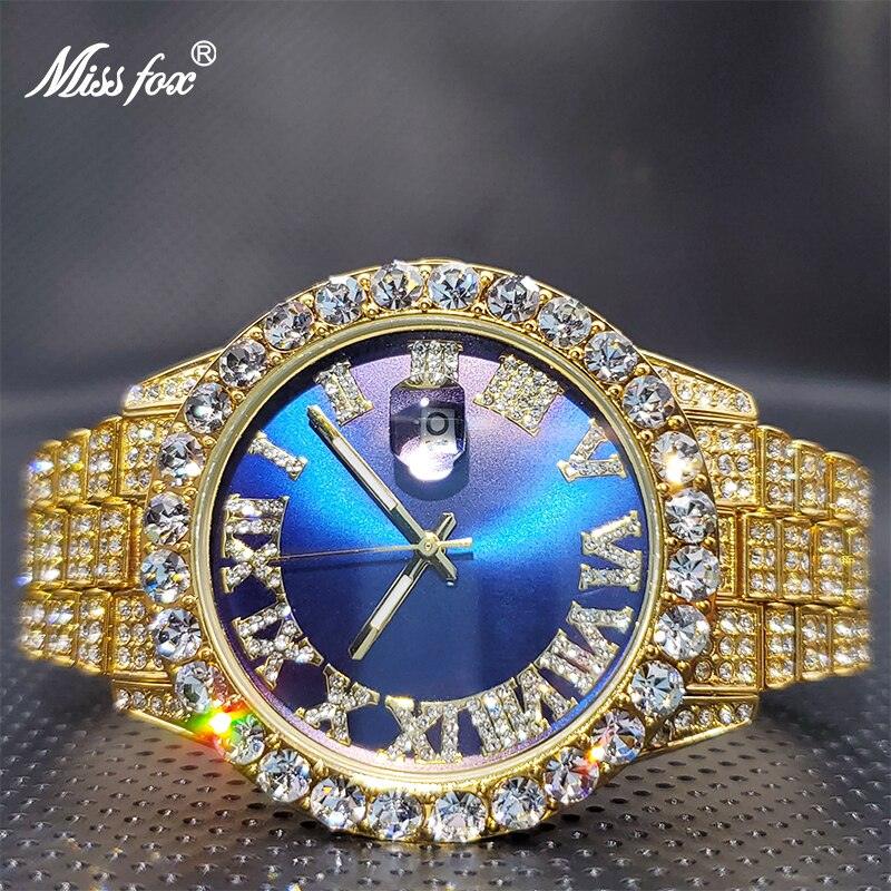 18KGP Watch with Various Colours - Big Dial Simulated Diamonds Bezel Luxury Brand Hip Hop Trend Quartz Watches - The Jewellery Supermarket