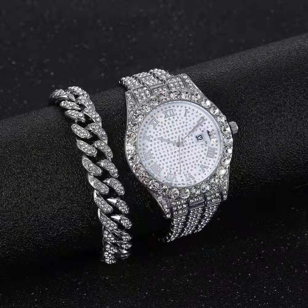 Attractive Full Iced Out Quartz Hip Hop Gold Colour Simulated Diamonds Bracelet + Watches Set for Men - The Jewellery Supermarket