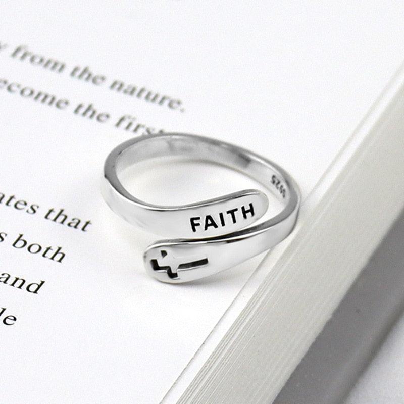 Cross Faith Letters 925 Sterling Silver Large Adjustable Religious Rings - Trendy Jewellery - The Jewellery Supermarket