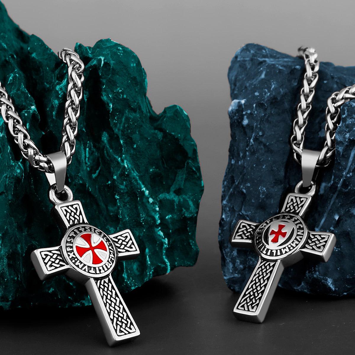Retro 316L Stainless Steel Cross Shield Drop Red and White Pendant Necklace - Christian Fashion Jewellery - The Jewellery Supermarket