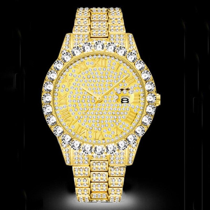 Attractive Full Iced Out Quartz Hip Hop Gold Colour Simulated Diamonds Bracelet + Watches Set for Men - The Jewellery Supermarket