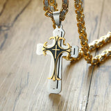 Amazing Cross Necklace For Men - Byzantine Gold Colour Stainless Steel Chain Catholic Crucifix Pendant