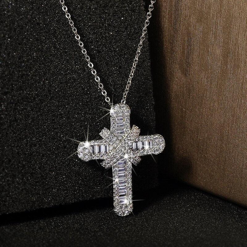 Charming Silver Colour Luxury Women White Crystal Pendant Necklace - Cute Cross Religious Necklace - The Jewellery Supermarket