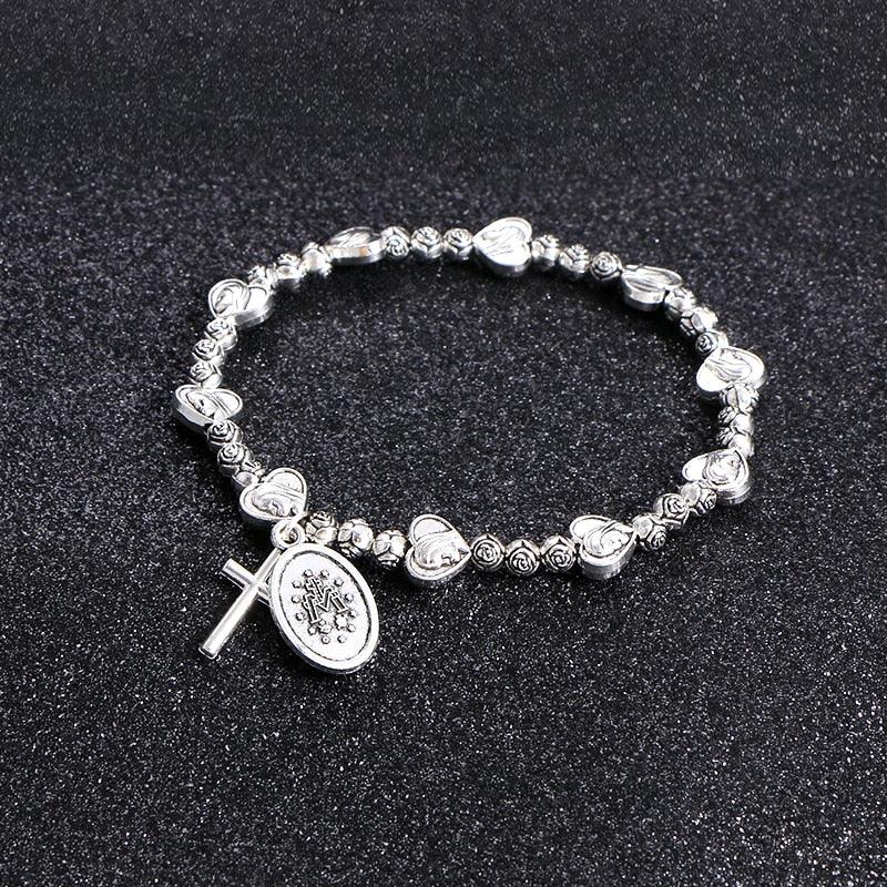 Religious Catholic Silver Colour Beaded Bracelets - Orthodox Christ Jesus Cross Virgin Mary Pendant Bracelets - The Jewellery Supermarket