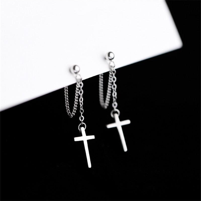 925 Sterling Silver CZ Crystals Tassel Cross Hypoallergenic Stud Earrings For Women - Religious Jewellery - The Jewellery Supermarket