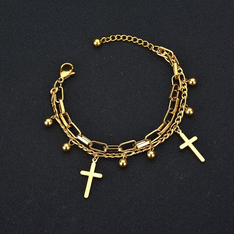 Lovely Ladies Charm Gold colour Fashion Stainless Steel Cross Layered Wrist Bracelet - Religious Jewellery - The Jewellery Supermarket