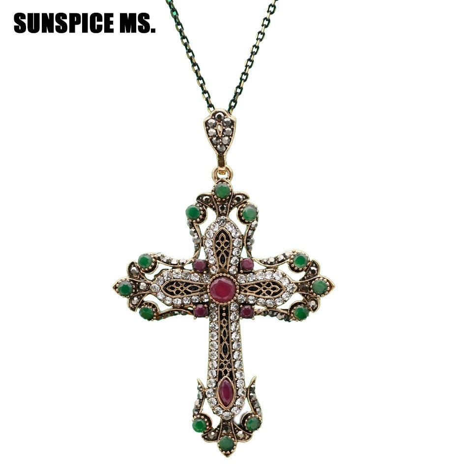 Antique Gold Color  Christian Pendant Necklace - Religious Jewelry Flower Cross Necklace For Women - The Jewellery Supermarket