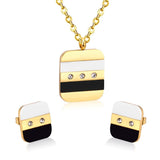 NEW DESIGN Stainless Steel Square Shell Inlay Zirconia Crystal Pendant Necklace Earrings Jewellery Set