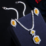 NEW ARRIVAL Shiny Yellow AAA+ Cubic Zirconia Diamonds Round Tennis Necklace and Earrings Set for Women