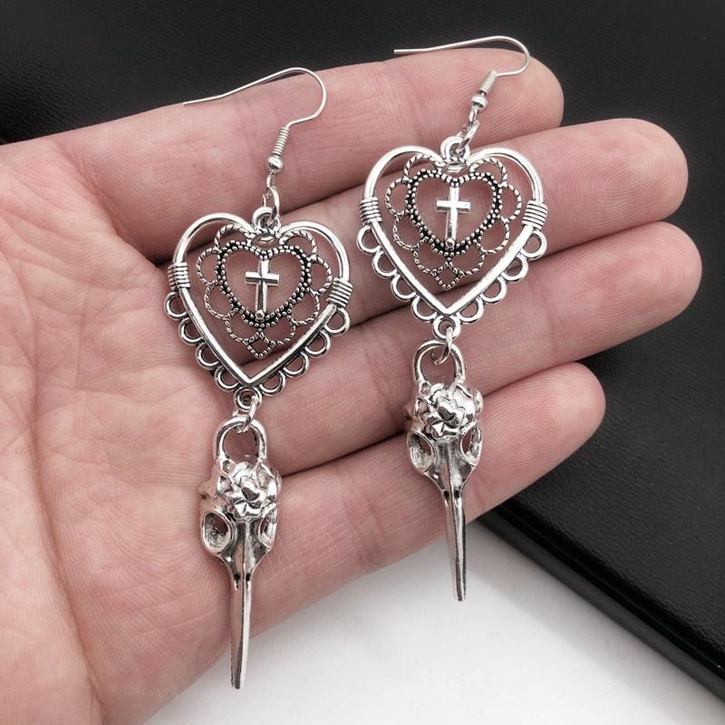 Gothic Heart Cross Bird Skull Earrings - New Jewellery Design Dark Art Goth Aesthetic Dangle Earrings - The Jewellery Supermarket