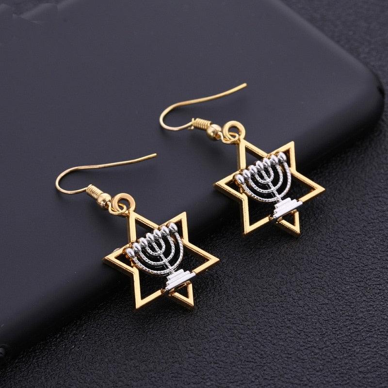 NEW Star Of David Candlestick Menorah Dangle Hanukkah Religious Earrings for Women - The Jewellery Supermarket