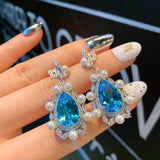 NEW  - Luxury Pearl Lab Aquamarine Charming Fine Jewelry Sets