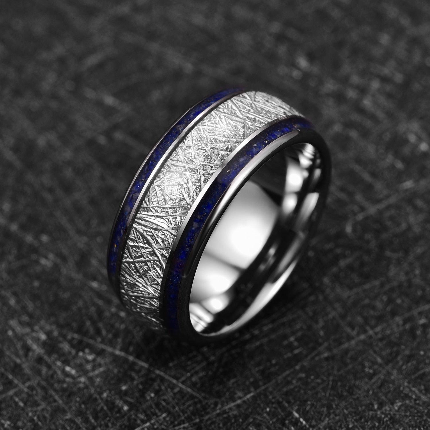 NEW Imitation Meteorite Lapis Lazuli Tungsten Carbide Men's Ring -  High Quality Tungsten Rings - The Jewellery Supermarket