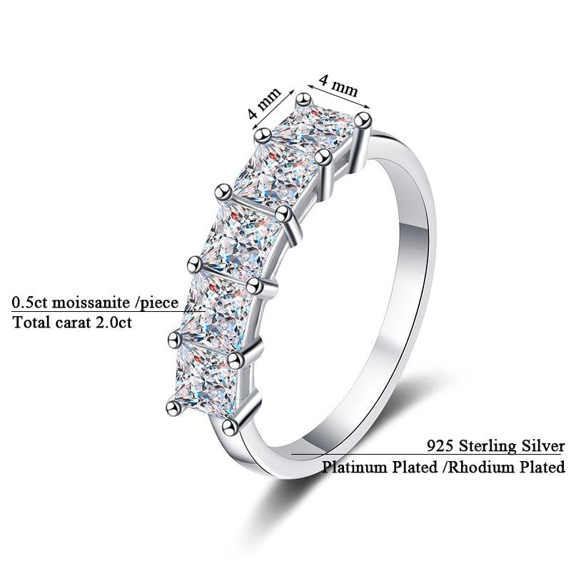 4MM Each Stone High Quality Moissanite Diamonds 5 Stone Princess Cut Total 2 Carats D Color VVS Clarity Ring - The Jewellery Supermarket