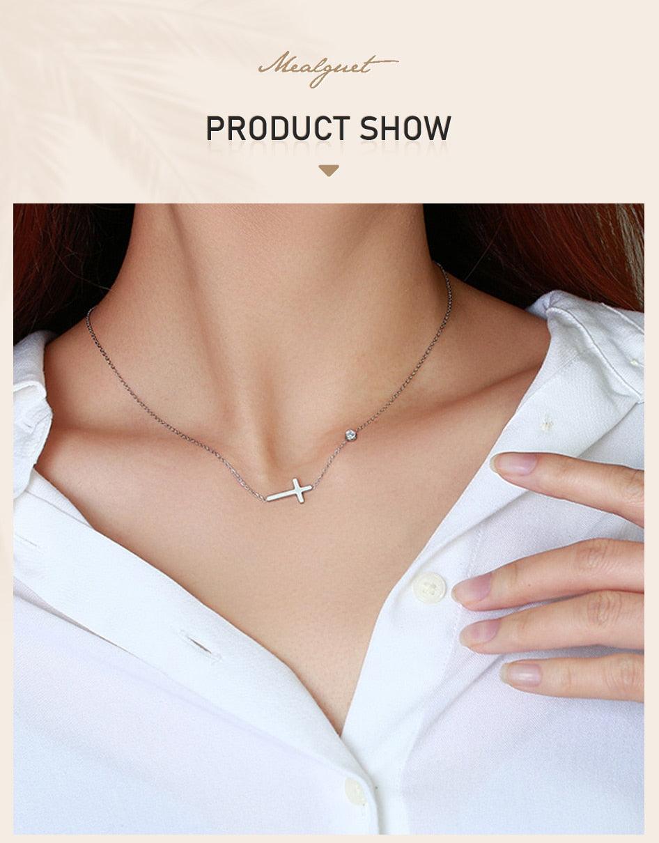 Stainless Steel Sideways Cross Necklace for Women, Adjustable AAA CZ Crystals Chain Necklace Pendant - Christian Jewellery - The Jewellery Supermarket