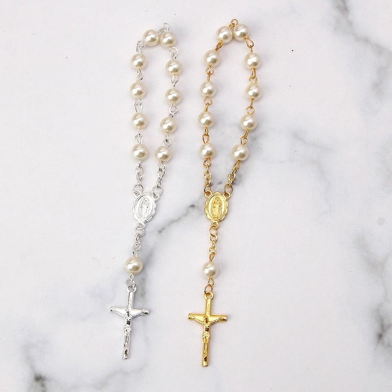 Mini Rosary Finger Baptism Rosaries Faux Pearls Bracelet for Baptism - Catholic Cross Finger Chain - The Jewellery Supermarket