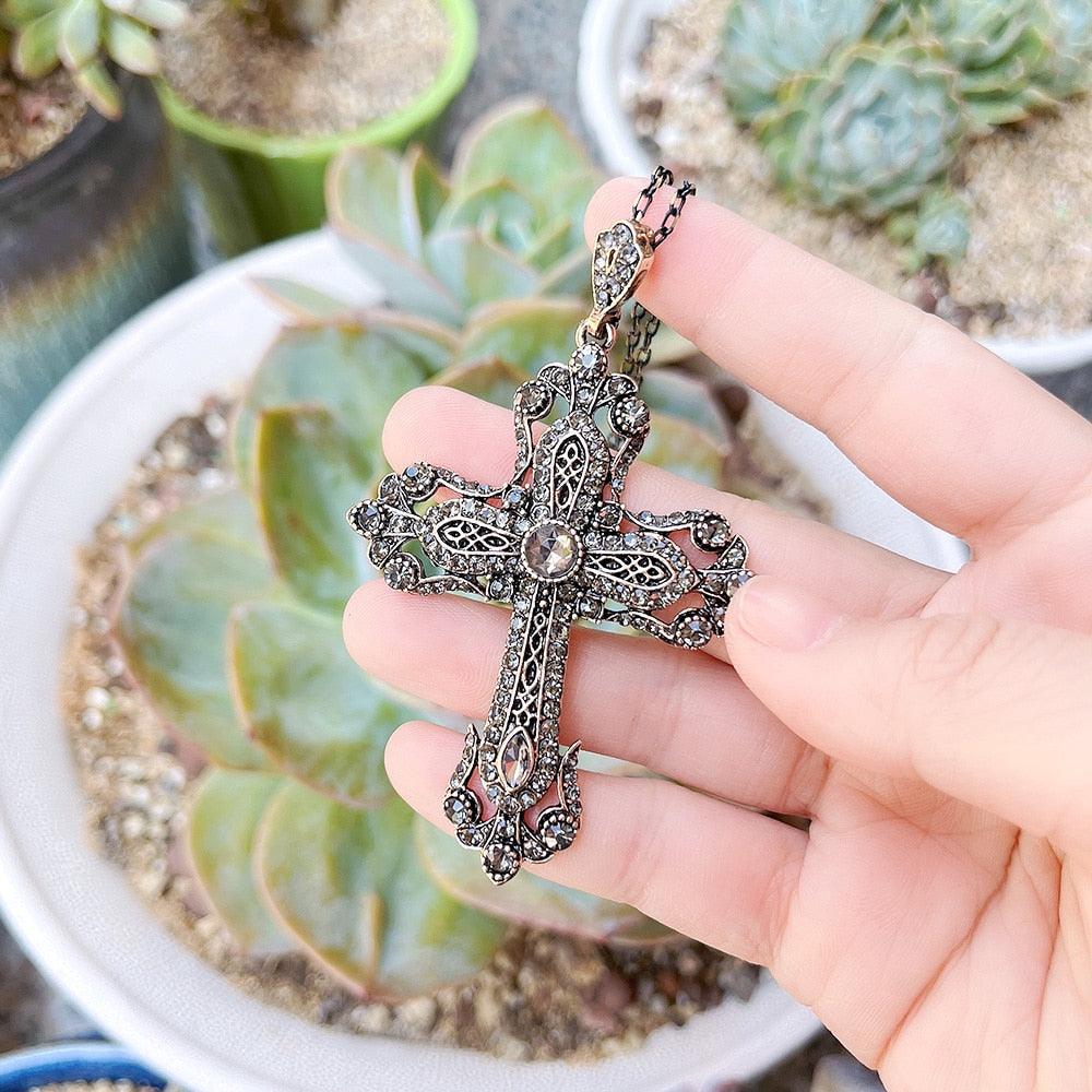 Antique Gold Color  Christian Pendant Necklace - Religious Jewelry Flower Cross Necklace For Women - The Jewellery Supermarket