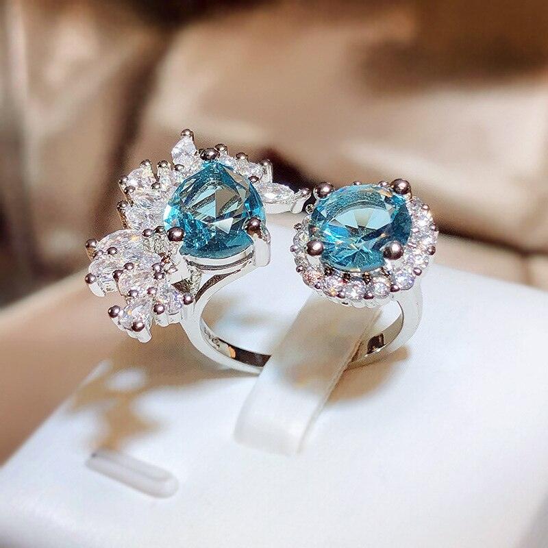VINTAGE FASHION RINGS Double Headed Flowers Sea Blue AAA+ Zircon Noble Luxury Ring - The Jewellery Supermarket