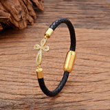 Trendy Classic Leather Rope Zircon Crystals Cross Bracelet Charming  Bracelets - Christian Design Jewellery